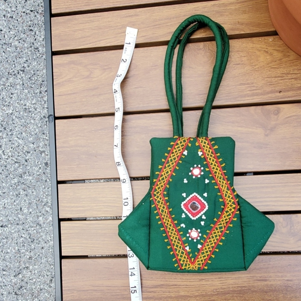 Green embroidered boho handbag with beading